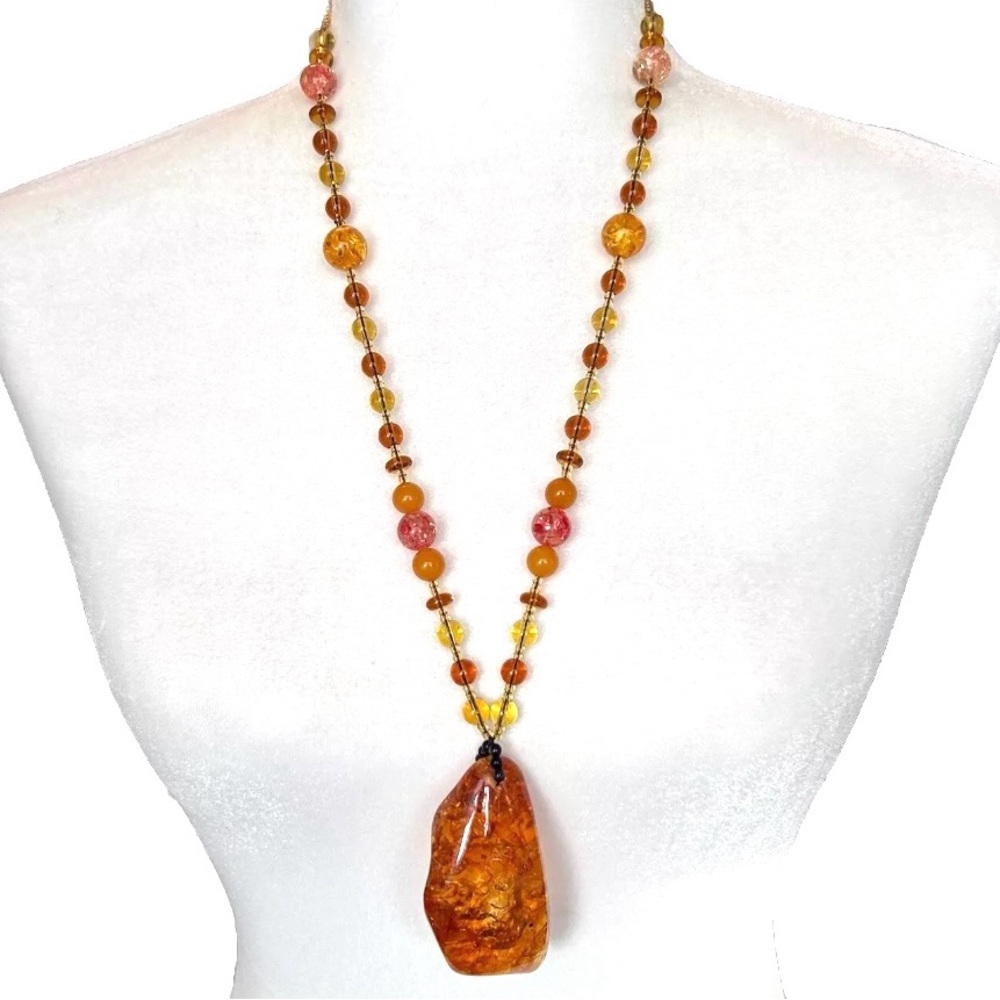 Large Artisan Made Genuine Natural Chunky Amber Pendant  & Glass Beaded Necklace